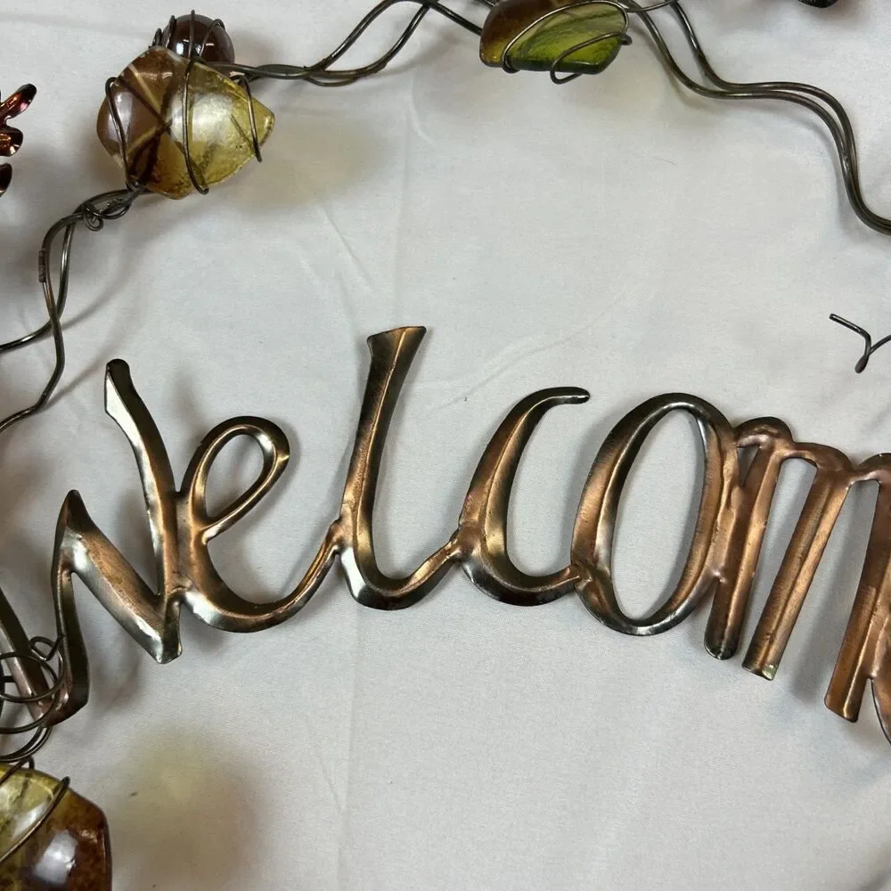 Fall Leaves Welcome Wreath Hanging Metal & Glass Decor Thanksgiving 17x13”